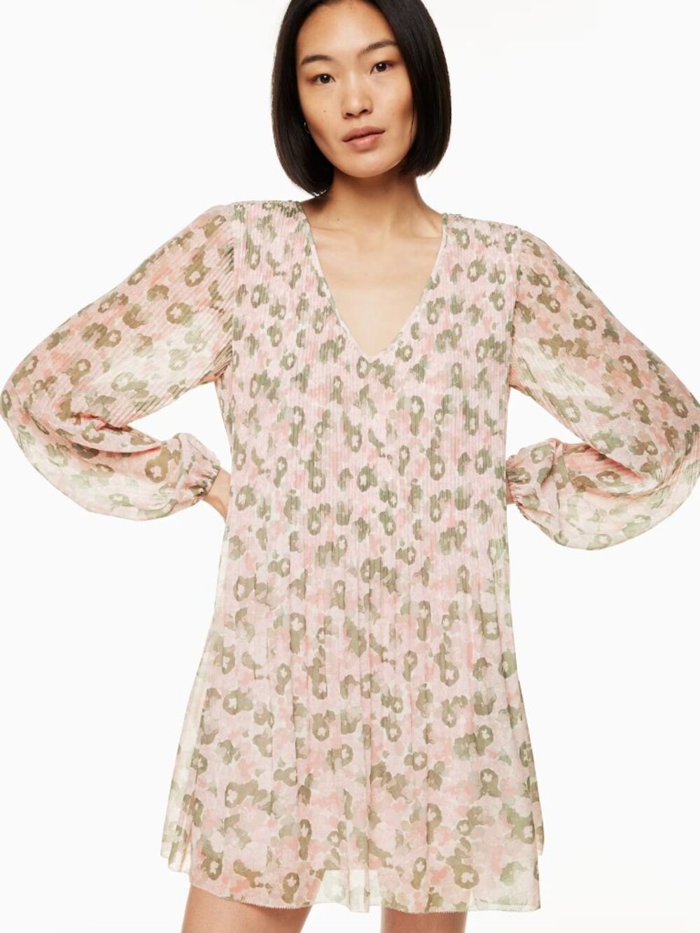 Aritzia Wilfred Floral Daydreamer V-Neck Mini Dress Micro-pleated Sz L